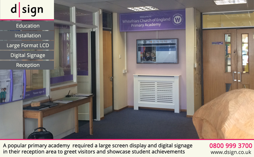 A popular primary academy required a large screen display and digital signage in their reception area to greet and showcase student achievements