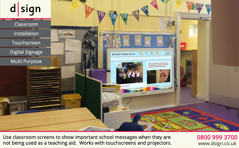 Use classroom screens to show important school messages when they are not being used as a teaching aid. Works with projectors and touchscreens