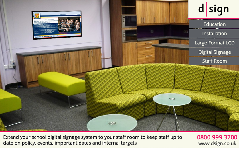 Extend your school digital signage system to your staff room to keep staff up to date on policy, events, important dates and internal targets