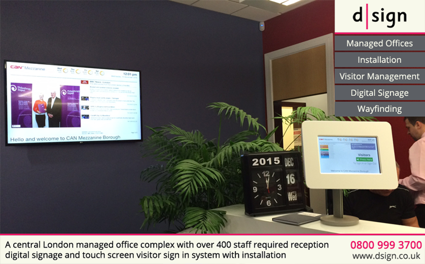 A cntral London managed office complex with over 400 staff required reception digital signage and touch screen visitor sign in system with installation